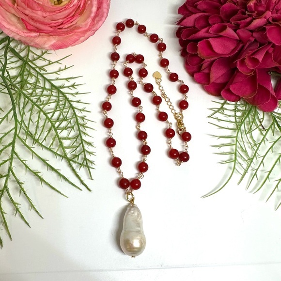 Saval Jewelry Jewelry - NEW⚜️Red Jade & Freshwater Pearl Handmade Necklace